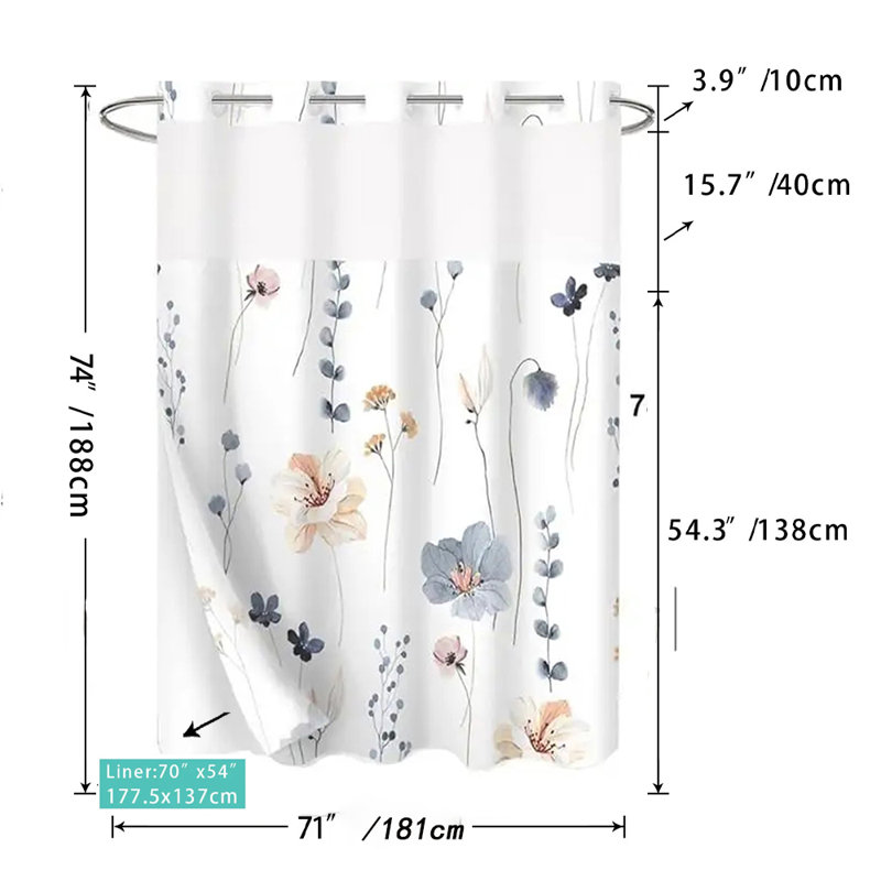 Ensemble de rideau de douche imperméable sans crochets 71 po x 74 po