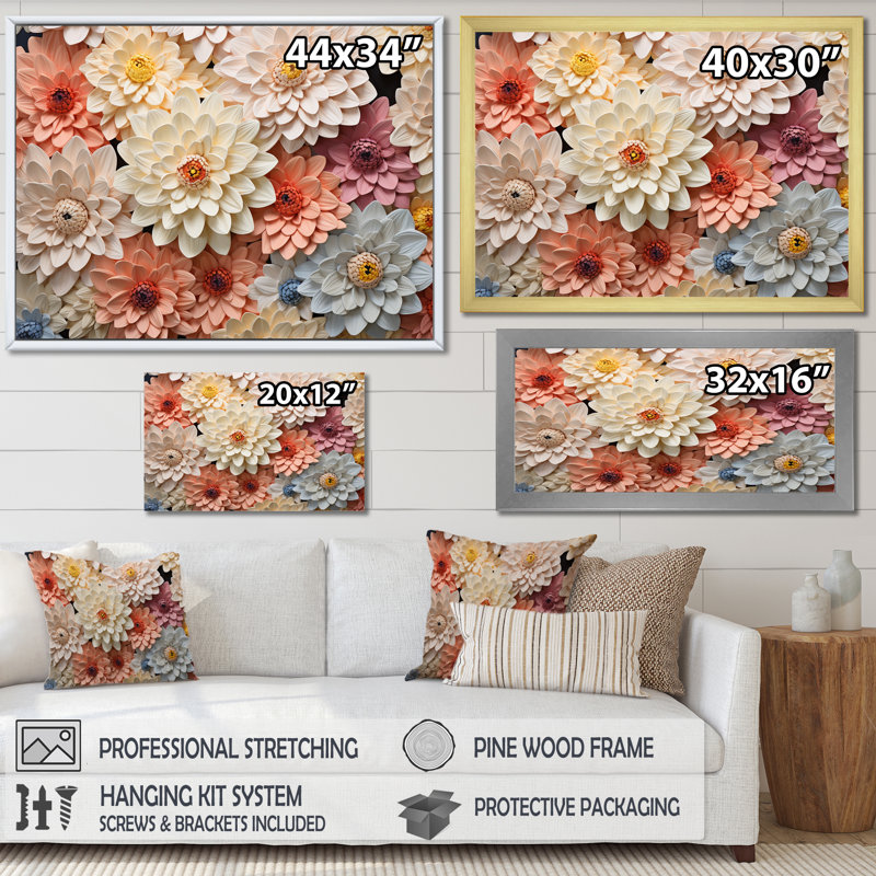 Sunnit Blooms Zinnias Flowers sur toile, H 24 po x l 32 po x P 1 po, Cadre flottant noir
