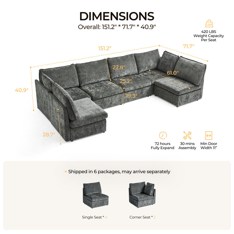 Canapé-lit modulaire surdimensionné à 6 places Olar, Gris chenille