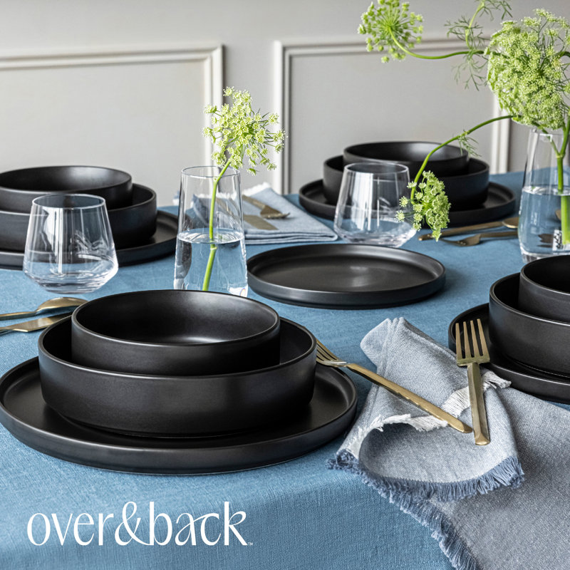 Service de table en grès semi-fini empilable 16 pièces, Noir