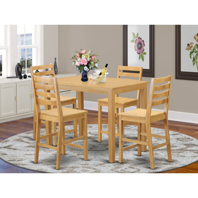 5 Piece Kitchen Counter Height Dining Table Set Includes a Rectangle Dining Room Table and 4 Wooden Seat Chairs, Oak