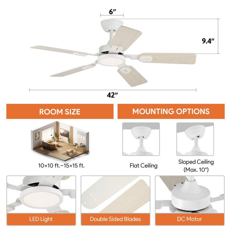 Ventilateurs de plafond à DEL de 42 po avec lumières et télécommandes, Blanc / bois jaune clair
