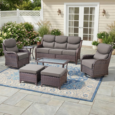 Ensemble de conversation de patio en osier 7 pièces avec table basse et fauteuils pivotants de luxe de 6 pouces Abbey