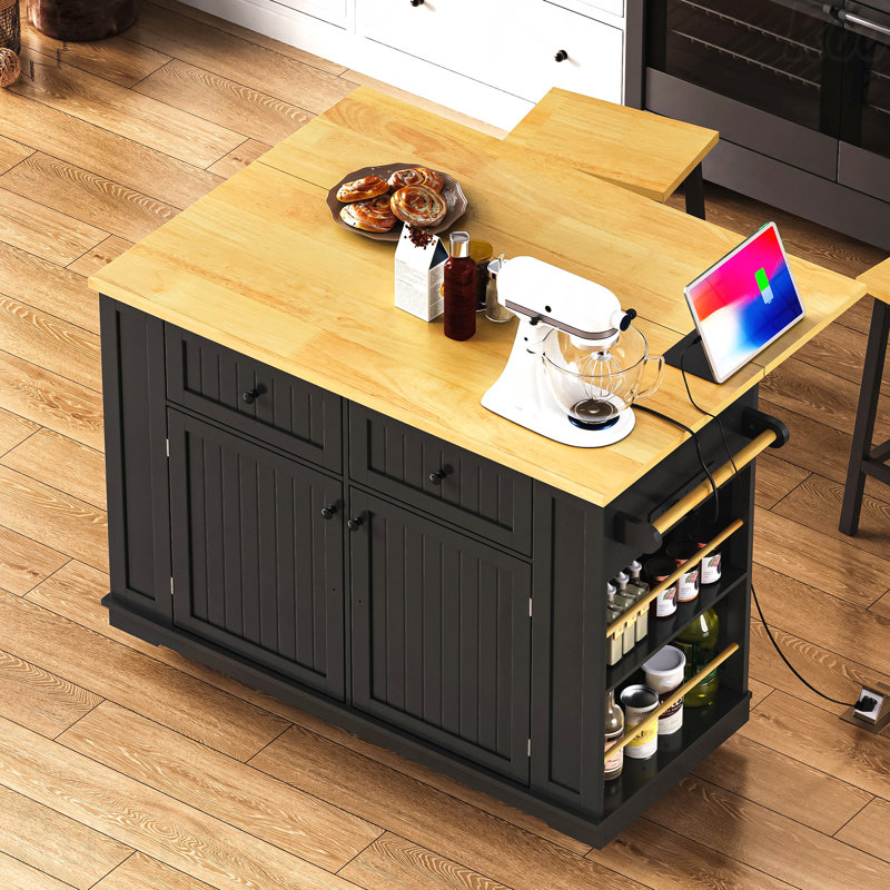 Grand îlot de cuisine de 48 pouces avec rallonge, prise de courant, support de rangement interne, chariot de rangement sur roulettes sur 5 roues avec 5 supports latéraux ouverts, pour la cuisine (deux ensembles) (sans les tabourets)