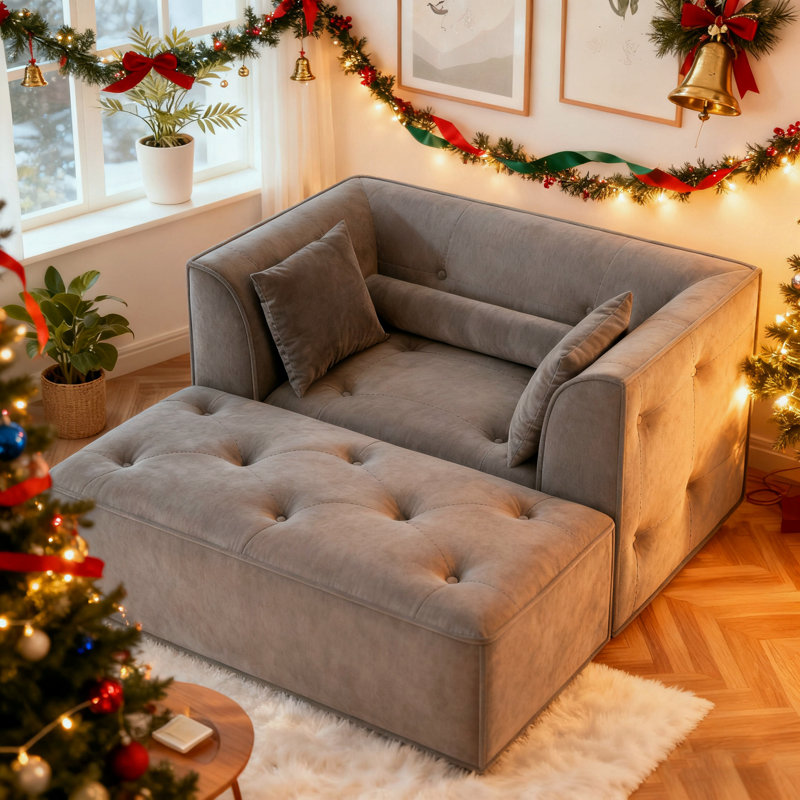 Modern Sofa With Removable Ottoman And Pillows, Gray