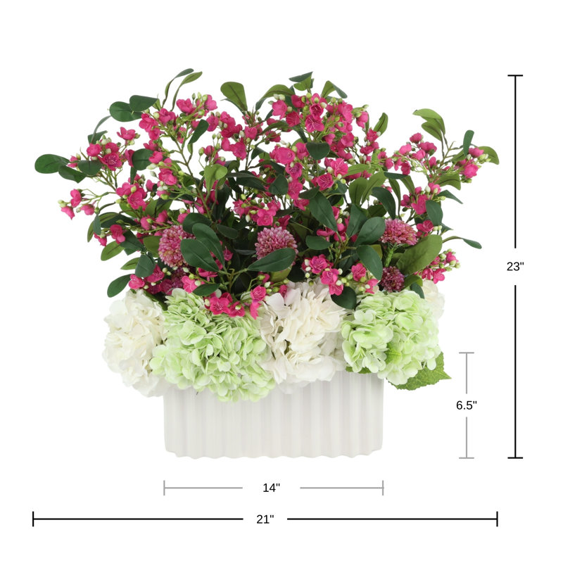 Hydrangeas and Dahlias in Pleated Vase