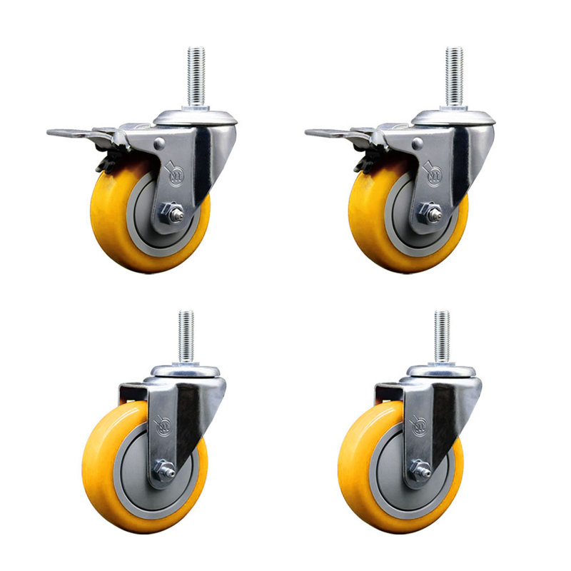 Ensemble de roulettes à tige filetée 4 po 4 po, Jaune
