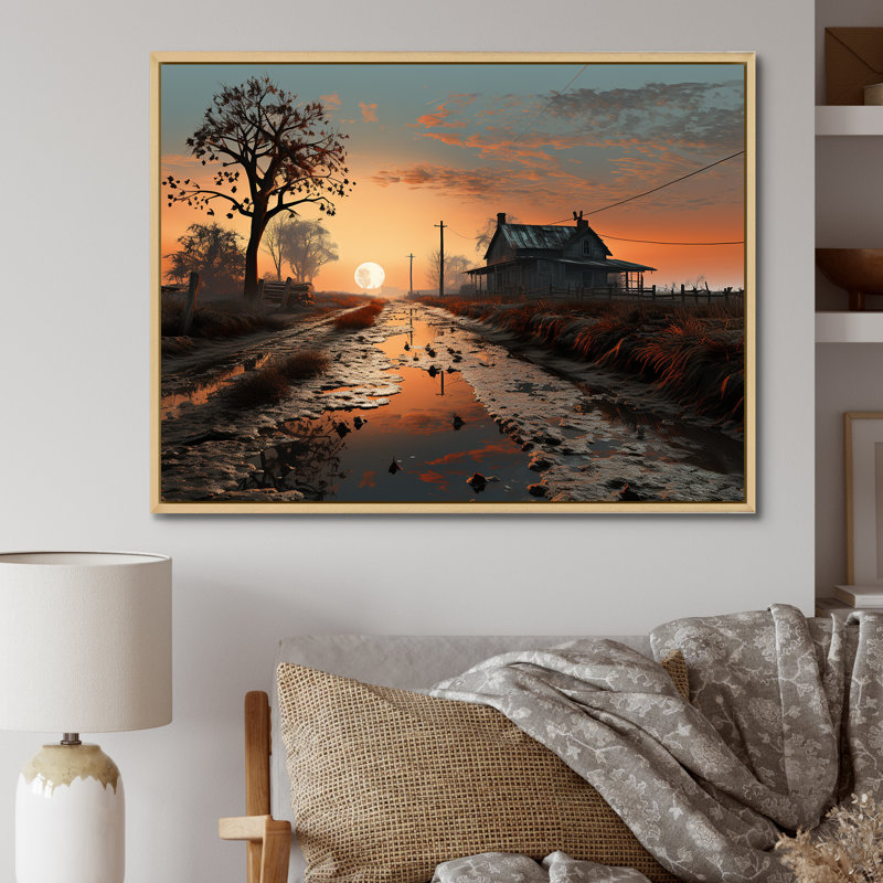 «Sunrise Countryside Farm Unveilé I», reproduction sur toile, Cadre naturel flottant, H 30 po x l 40 po x P 1,5 po