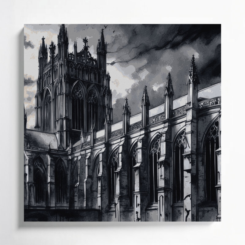 Art d'Halloween sur toile, architecture gothique noire, 12" H x 12" W