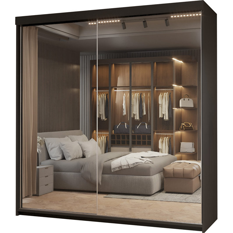 Chabier 2 Door Manufactured Wood Wardrobe, Black, 217cm H x 150cm W x 62cm D