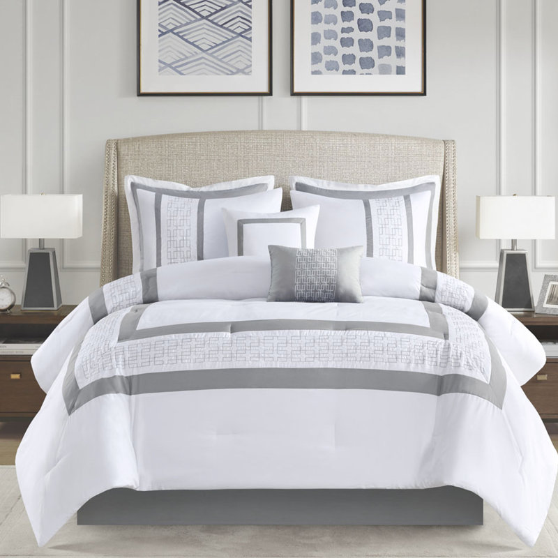 Édredon pour grand lit 8 pièces - Superbe broderie blanche et grise avec bourre de literie, taies décoratives, coussins décoratifs euro