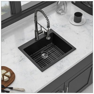 Quartz Kitchen Sink - 25X22" Black Granite Composite Drop In Kitchen Sink