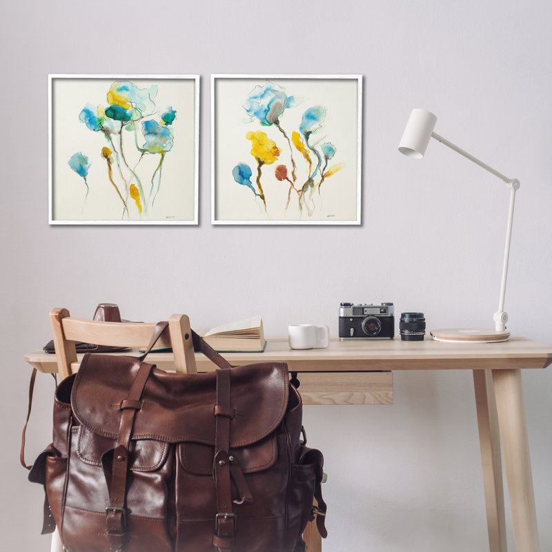 Aquarelle bleu sarcelle et fleurs jaunes, ensemble de 2 giclées par Patti Mann, Estampe numérique encadrée blanc bord de mer