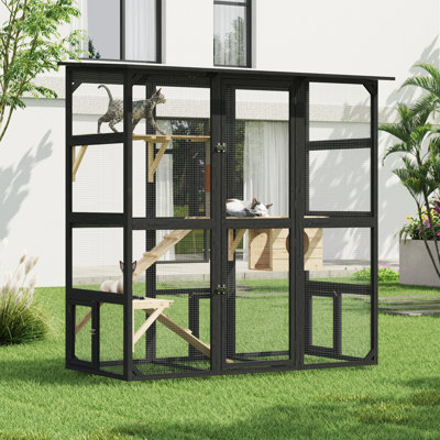 Walk-In Outdoor Cat Catio, Weather-Resistant Multi-Level Cat Enclosure with Elevated Cat House, Scratch Post & Secure Doors