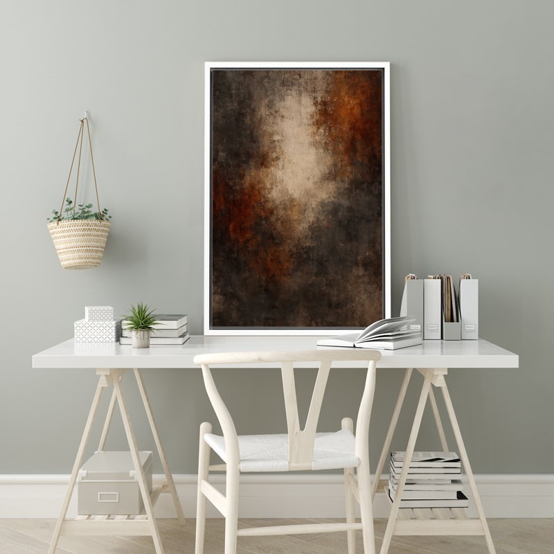 Art abstrait sur toile brun foncé et rouille, H 36 po x l 24 po x P 1,5 po, Cadre flottant blanc