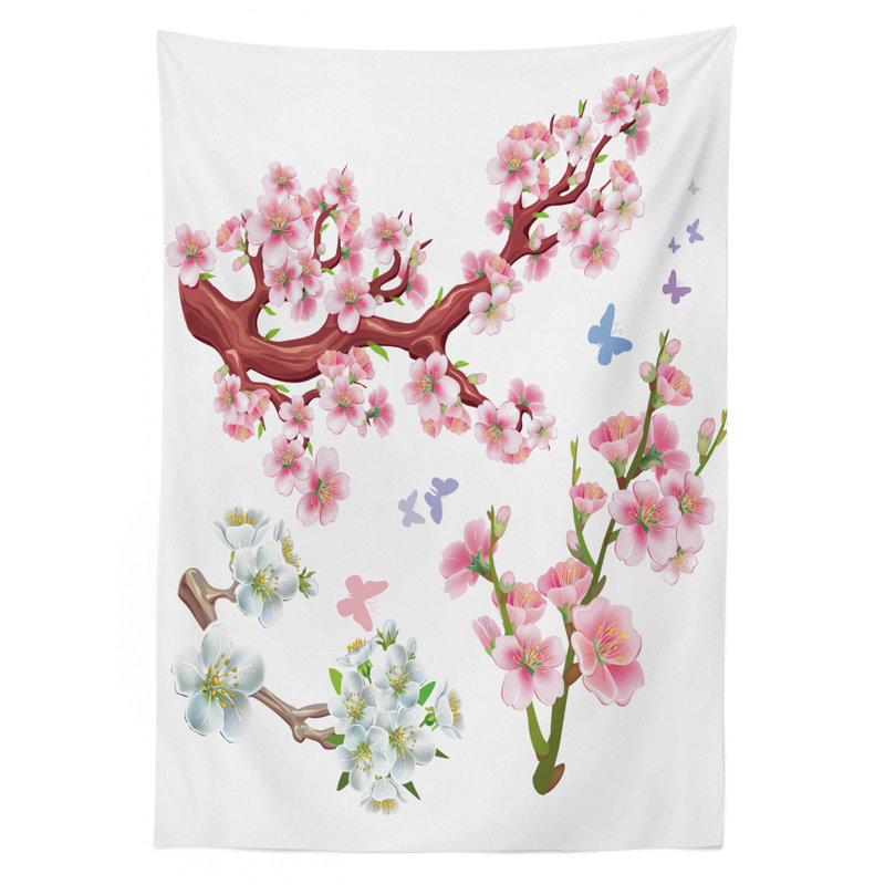 Floral Tablecloth, Composition Flowering Branches Colorful Spring Garden Theme Seasonal Art Print, Rectangular Table Cover For Dining Room Kitchen Decor, 52" X 70", Pink Brown Green
