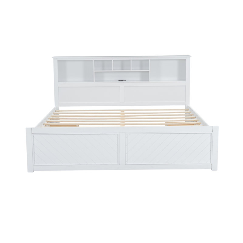 Wooden Platform Bed With Multi-Storage Headboard, Usb And 2 Drawers, White