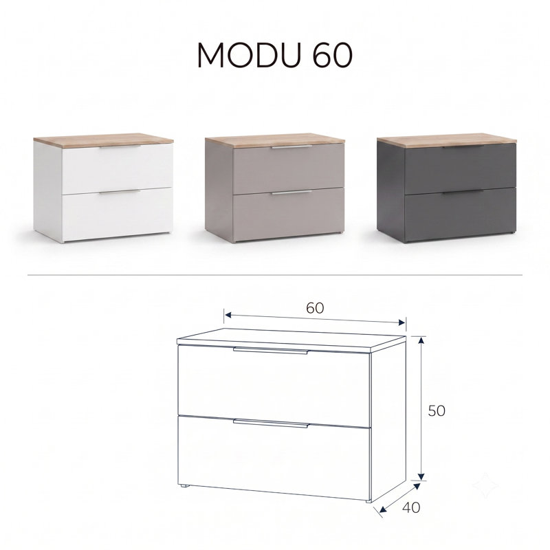 60cm Wide 2-Drawer Low Chest, Graphite and Wotan Oak