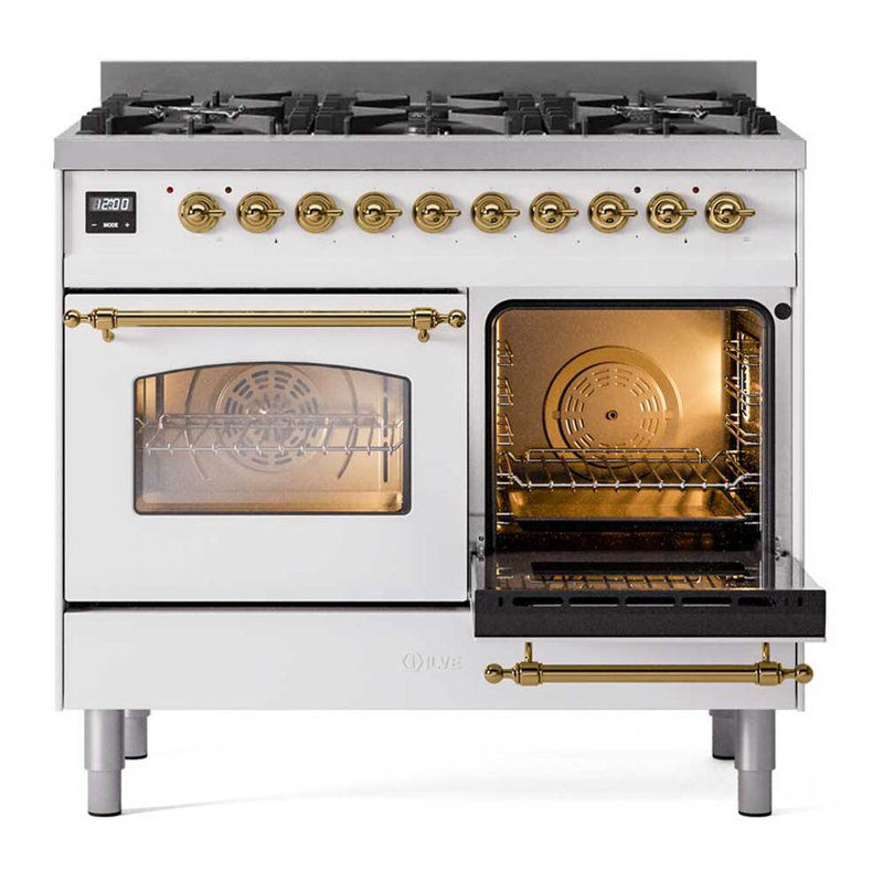 Cuisinière ILVE Nostalgie II Series 40 po à double combustible avec 6 brûleurs scellés (propane liquide, porte vitrée), Blanc
