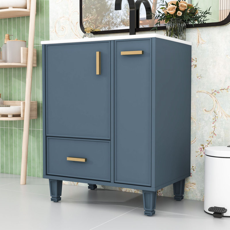 24" Bathroom Vanity with Ceramic Sink, Deep Drawer and Pull-Out Basket, Gray Blue