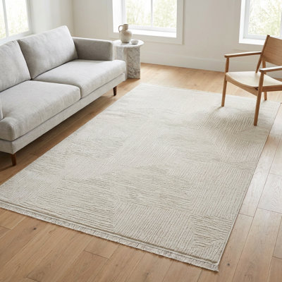 Tapis géométrique moderne texturé couleur crème (2,6 pi x 4,9 pi)