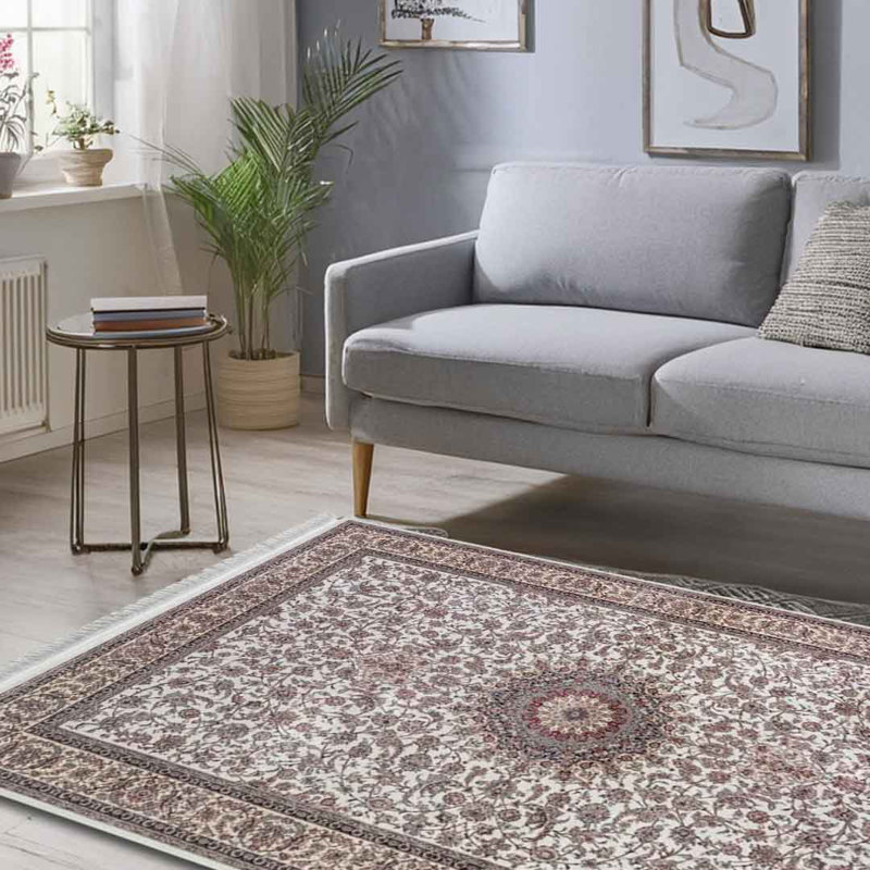 Minyatur White & Cream Medallion Area Rug – Low-Pile 100% Viscose Traditional Carpet for Living Room, Bedroom & Entryway