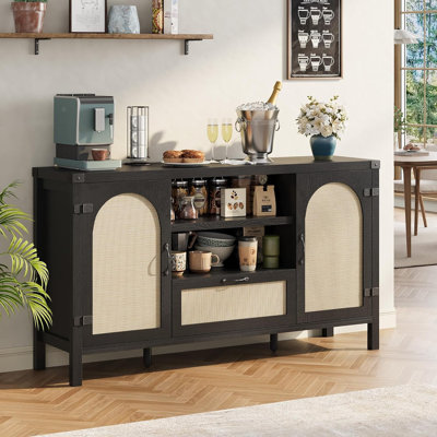 59" Rattan Sideboard Buffet Cabinet with Storage, Boho Wooden Coffee Bar with Open Shelves,Farmhouse Kitchen Buffet Cabinet with Drawer, for Dining Room, Living Room, Black