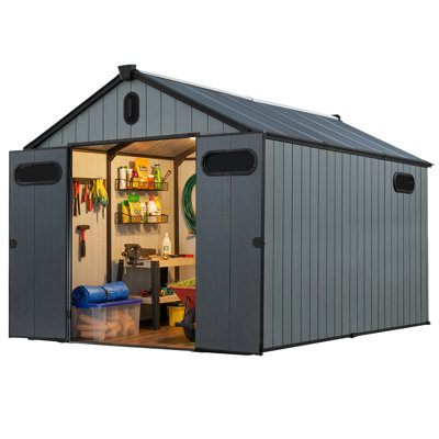 Plexalife 8×12 Large Heavy-Duty Outdoor Resin Storage Shed with Custom-Fit Solar Light Included Windows & Double Doors, Weatherproof & UV-Resistant Garden and Tool Shed with Metal Reinforcement & Ventilation, Light Grey - by a Trusted USA Brand.