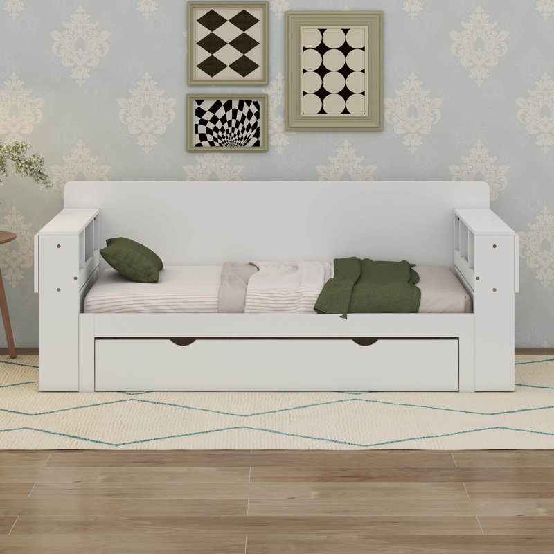 Daybed With Removable Desk, Storage Drawers & Hydraulic Side Table, Full, White