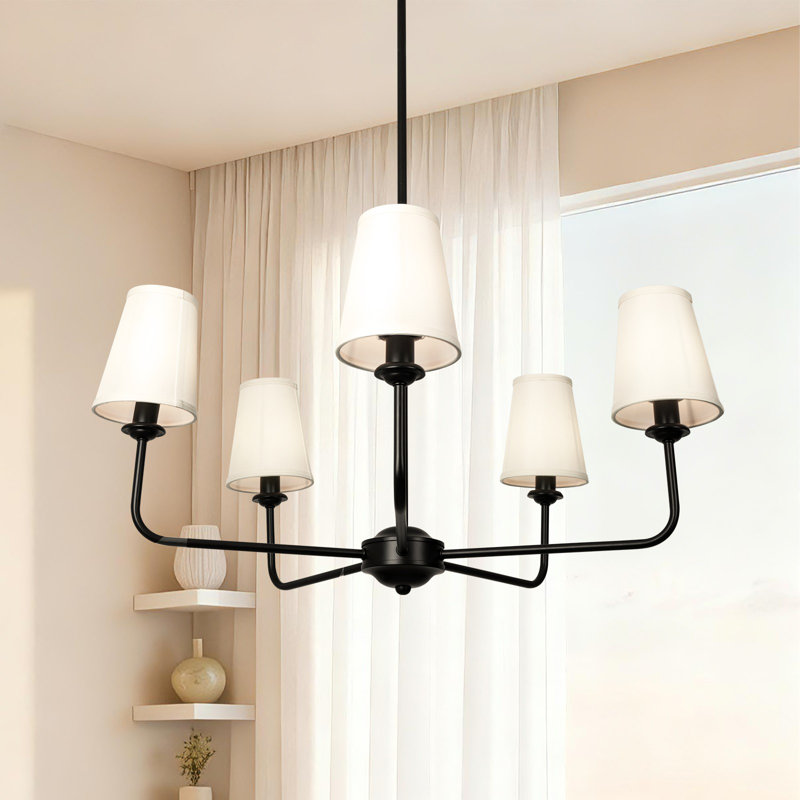 5-Light Black Chandelier with White Fabric Shades – Adjustable Pendant Lighting for Dining Room, Bedroom & Living Room, black