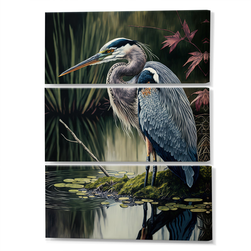 Héron au bord de la rivière - 3 impressions sur toile tendue, H 48 po x l 32 po x P 1 po
