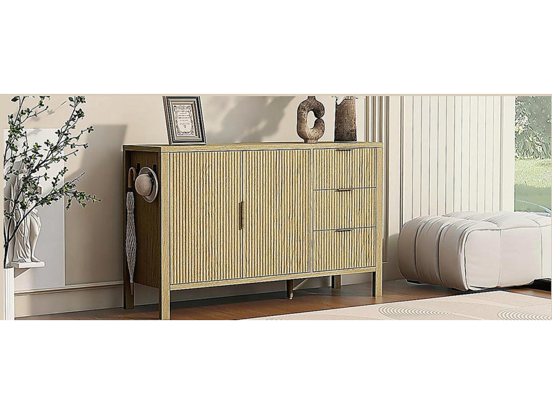 Buffet moderne à motif de vagues avec 3 tiroirs, grande armoire de rangement avec crochets et pieds centraux supplémentaires