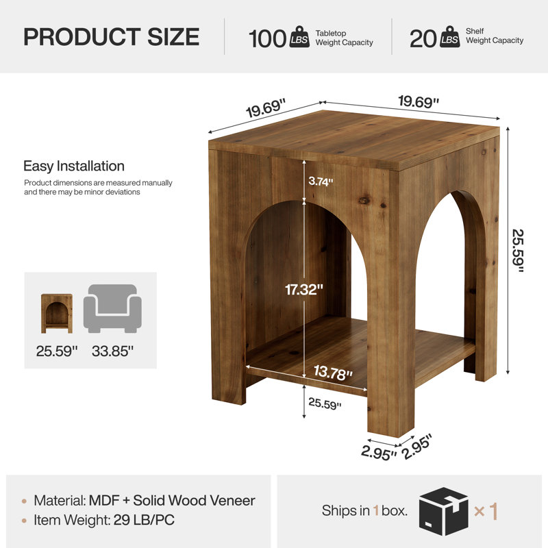 19.7" End Table Set, 2-Tier Square Side Table for Living Room, Bedroom, Office, Set of 2
