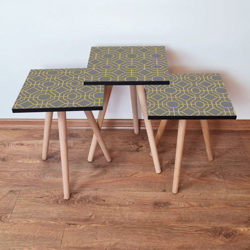 Ensemble de tables gigognes modernes (3 pièces), gris et jaune, 13,8 x 20,5 x 13,8 pouces | 100% panneau de fibres à densité moyenne avec pieds en bois de hêtre, épaisseur: 0,7 pouce | Conception géométrique élégante pour le salon, fonctionnelle et polyvalente