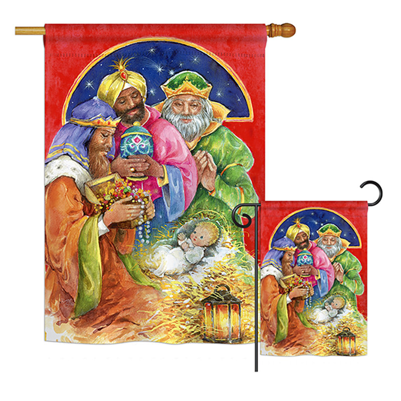Ensemble de 2 drapeaux en polyester 2 côtés à trois rois cadeaux winter crèche impressions
