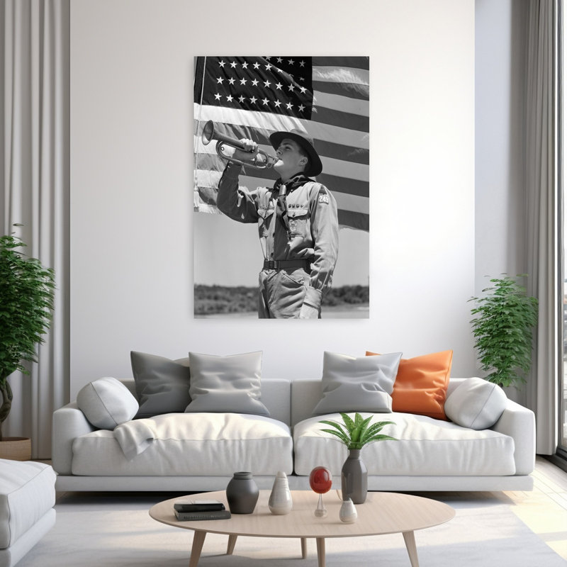 «Boy Scout 1940» jouant du clairon devant un drapeau américain de 48 étoiles, rétro, portrait abstrait, art mural urbain