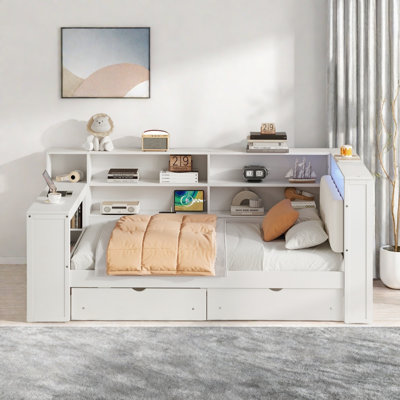 Wood Daybed With Storage Shelves, 2 Drawers, Charging Station, Led, Desk And Upholstered Headboard by Red Barrel Studio