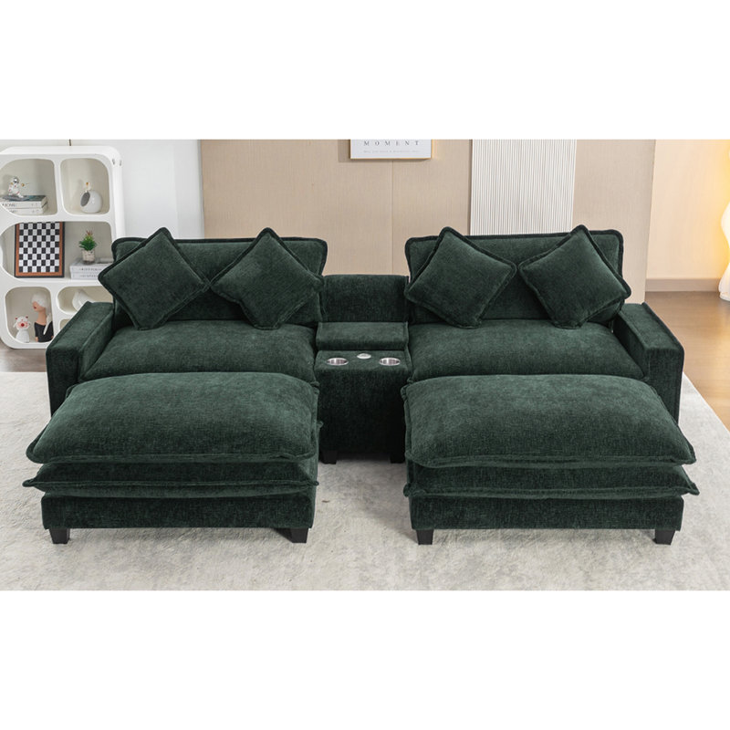 111" Sectional , Chenille Upholstered, Double Cushion, Two Removable , Charging, Cup Holders And Storage For Living Room Amusement In With Ports,