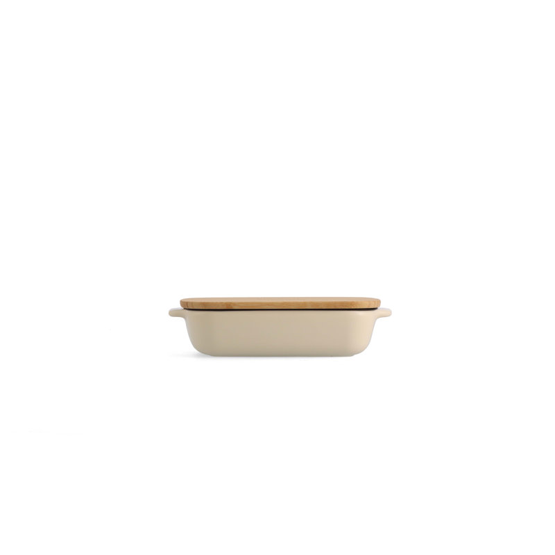 KitchenAid Stoneware Rectangular Dish with Bamboo Lid, Almond Cream, 20cm