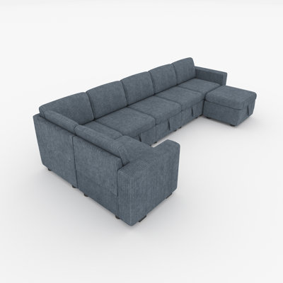 Upholstered U-shaped Corduroy Sectional Sofa With Movable Ottoman