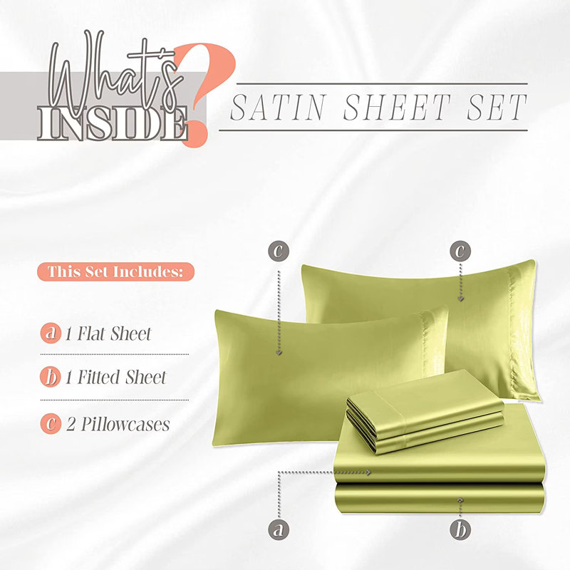 Elegant Comfort Luxurious 4-Piece Silky Satin Sheet Set, Skin And Hair Friendly, Wrinkle, Fade, Stain Resistant With Deep Pockets Fitted Sheet, Cooling Soft Satin Sheet Set