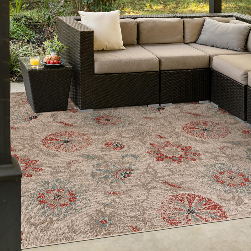Square Beige and Red Floral Outdoor Rug