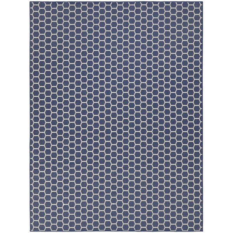 Kurmanbek Geometric Reversible Indoor / Outdoor Area Rug in Navy, Round 8'