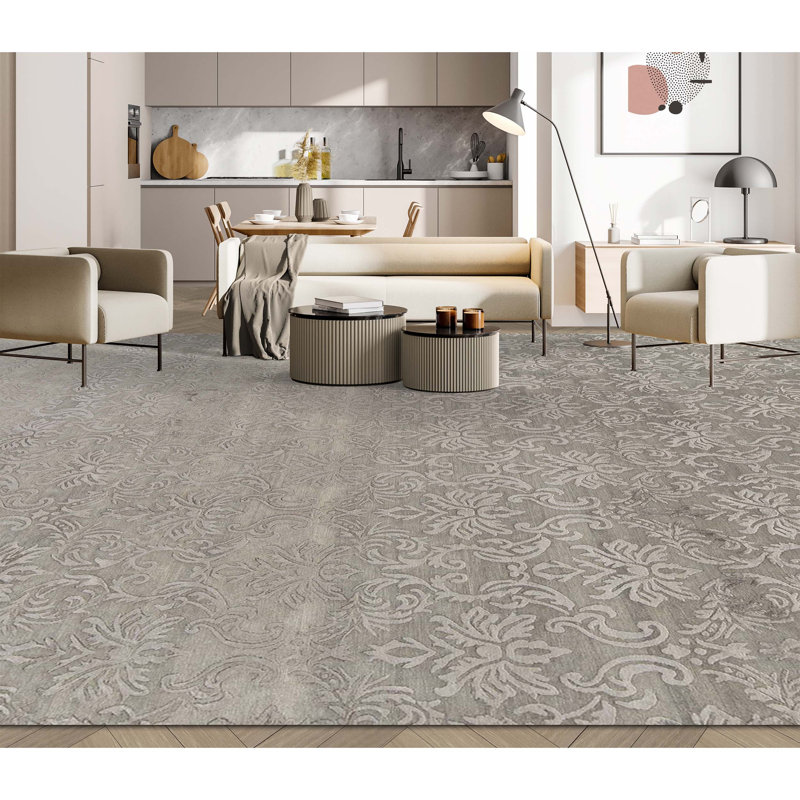 Wool Damask Area Rug in Gray