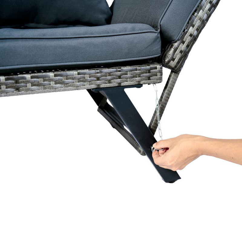1 PCS Foldable Patio Wicker Side Bench – Grey Wicker with Dark Grey Cushion, Outdoor Backyard Conversation Seating