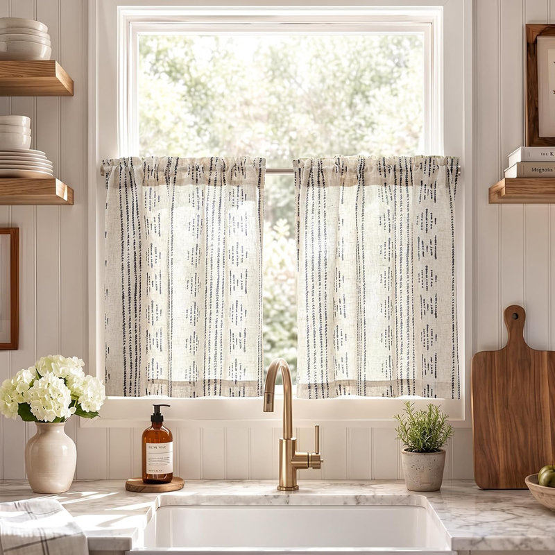 Rideaux à rayures en lin noir pour fenêtres de cuisine, 2 panneaux ; motif rayé bohème sur fond beige ; œillets pour tringle, filtrent la lumière ; cuisine, salle de bain et camping-car.