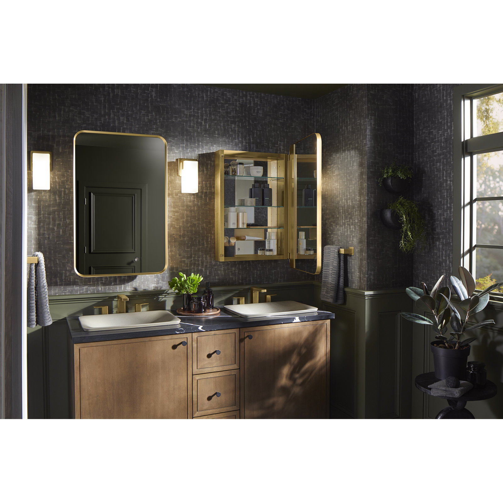Verdera Surface Mount or Recessed Rectangular Framed Medicine Cabinet, Brushed Gold, 34" H x 22" W x 4.18" D