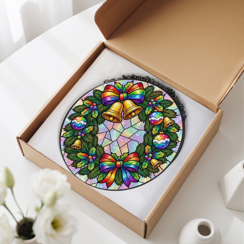 12"H Christmas Wreath Stained Glass Window Panel
