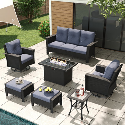 Lark Manor™ 7 Piece Wicker Patio Furniture Set with Fire Pit Table, Classis Outdoor Conversation 360 Degree Swivel Chairs Set with Coffee Table