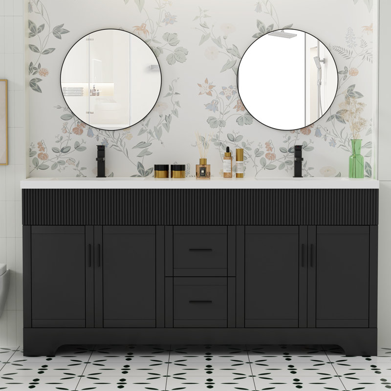 Ensemble de meuble-lavabo sur pied 72 po avec plateau en résine Breonica, peint à la main, assemblage requis, Noir